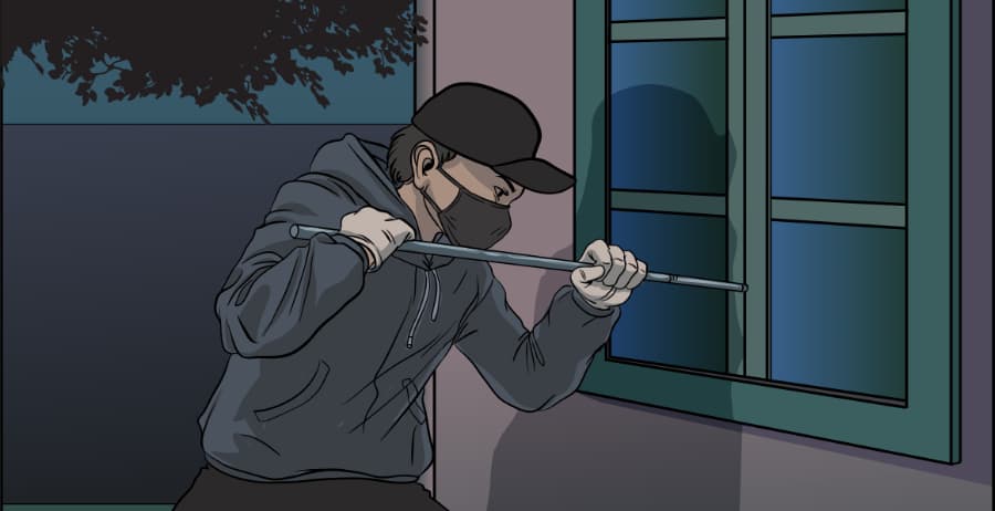 Illustration of burglar forcing entry through a window in Stockton