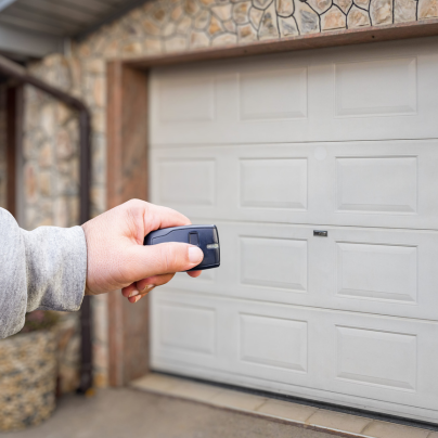 Stockton security key fob pointing to a garage door